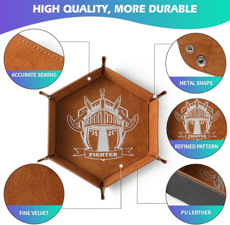 Grajar 6 Pcs DND Dice Tray with Characters Pattern for RPG D&D Table Games - Folding PU Leather and Velvet Rolling Holder Storage Box - Image 2